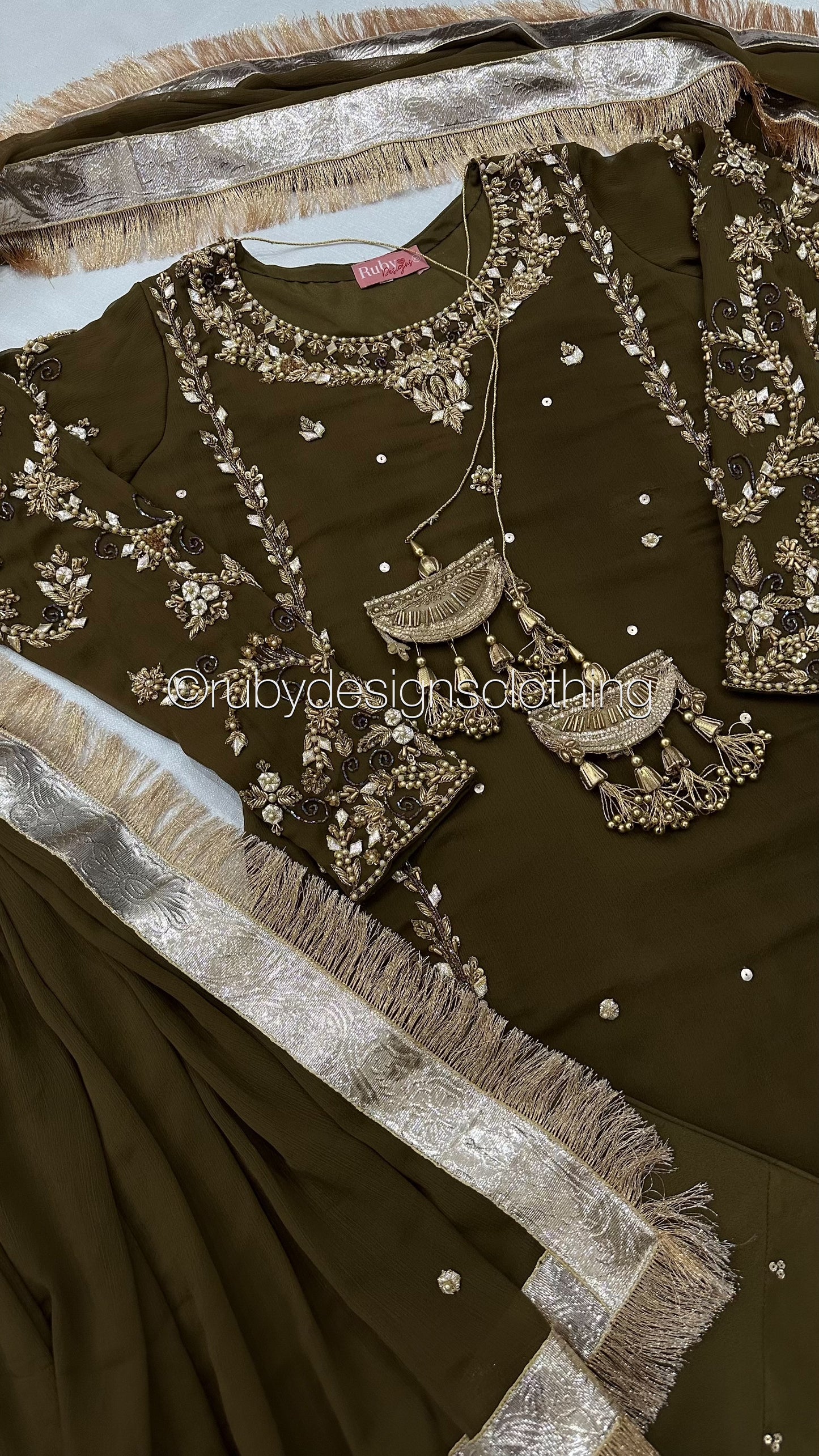 NAYRA Style 3 (Short Shirt) - 3 Piece Khaki Chiffon Suit with Shalwar