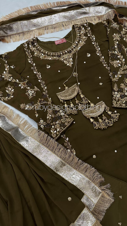 NAYRA Style 3 (Short Shirt) - 3 Piece Khaki Chiffon Suit with Shalwar