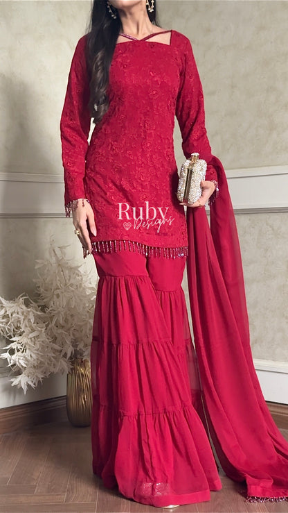 FARYAL Rouge - 3 Piece Chiffon Suit with Tiered Sharara