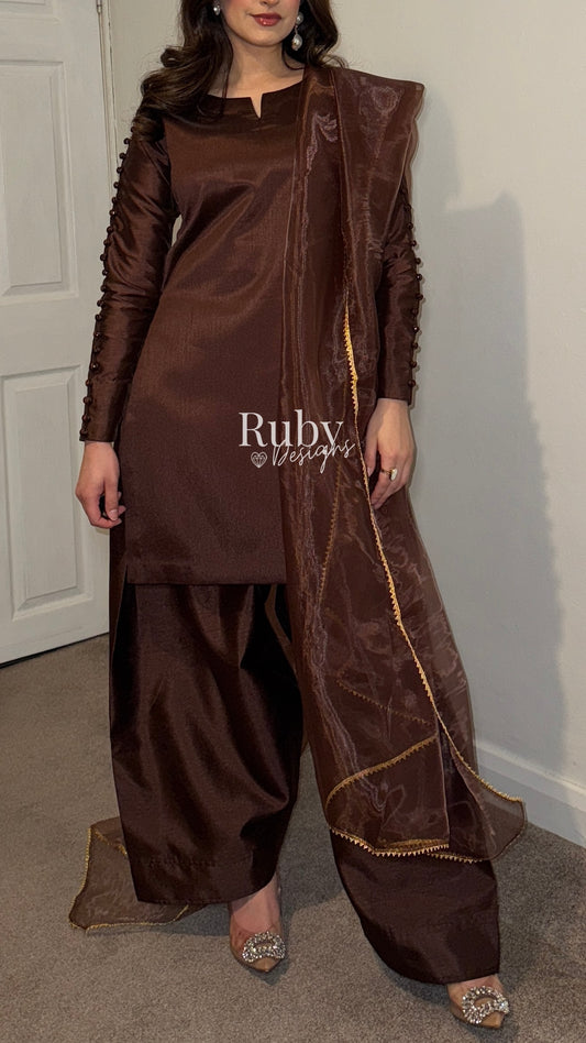 ZIMAL Mocha - 3 Piece Silk Suit with Farshi Shalwar