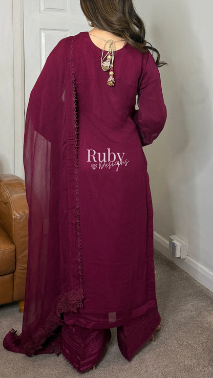 MINHA Berry - 3 Piece Chiffon Suit with Cutwork