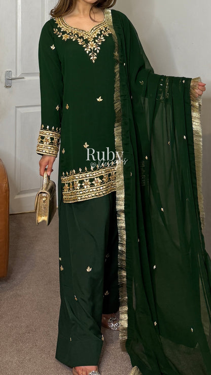 SAJAL Emerald - 3 Piece Chiffon Suit with Farshi Shalwar and Gota Handwork