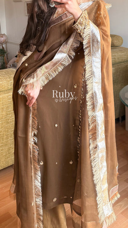 NAYRA Style 2 (Long Shirt) - 3 Piece Khaki Chiffon Suit with Trouser