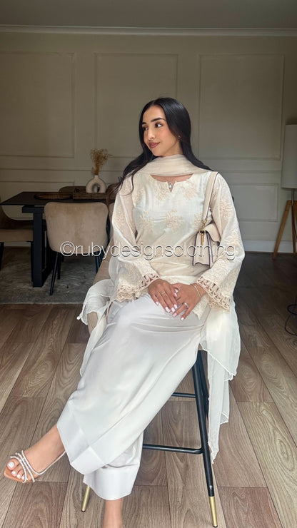 Vanilla Mist - 3 Piece Chikankari Suit with Farshi Shalwar