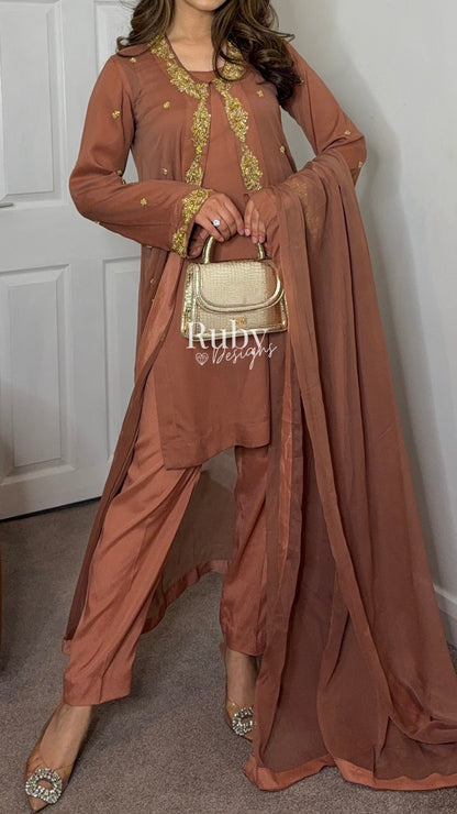 SORAYA - 4 Piece Chiffon Suit with Jacket and Gold Handwork