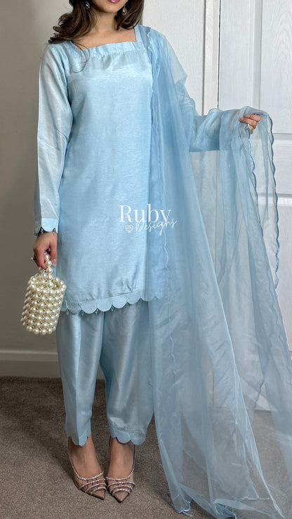 HAYAT Sky - 3 Piece Silk Suit with Skinny Shalwar