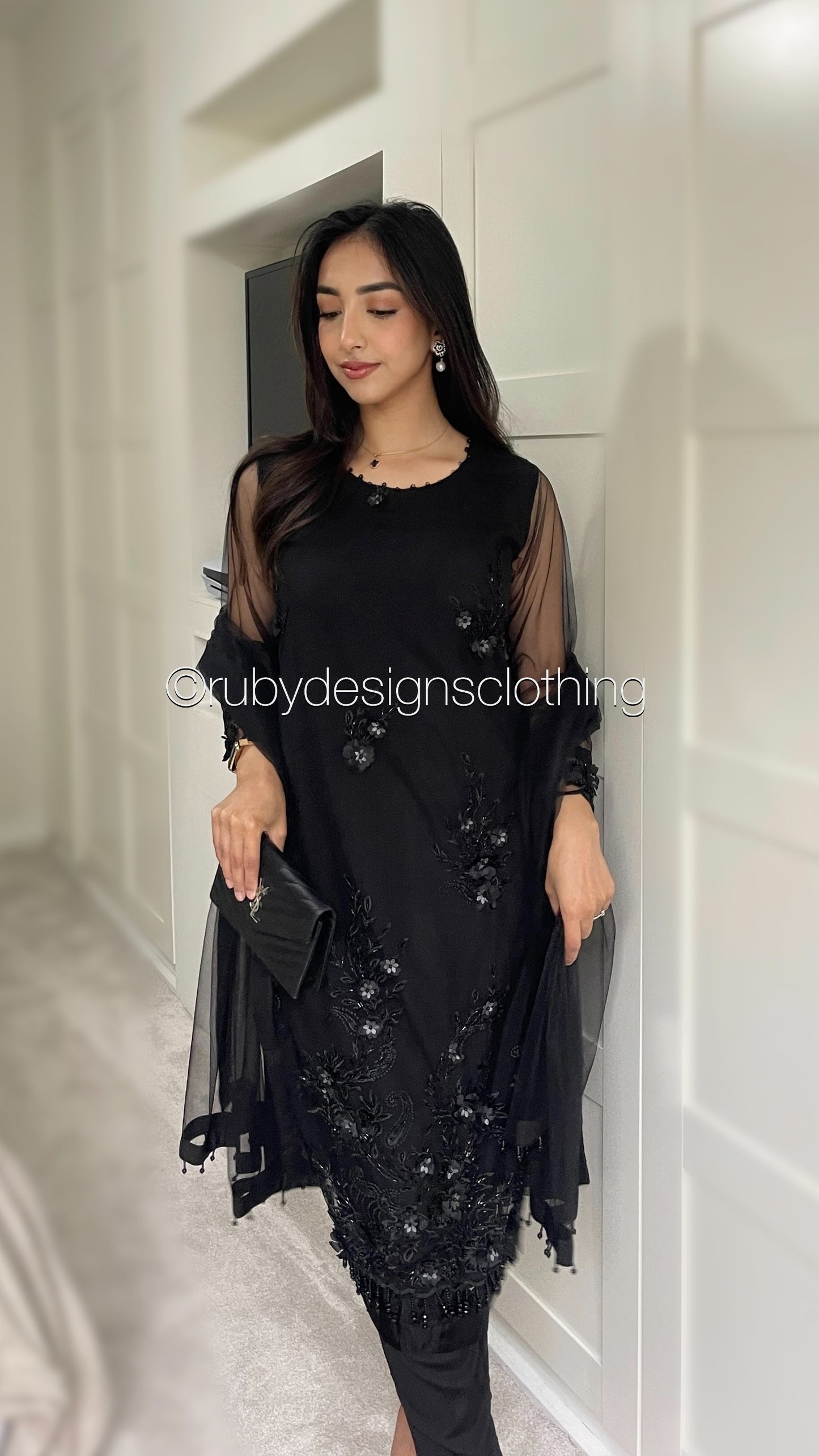 AREEBA - 3 Piece Jet Black Net Suit with 3D Details (8739067855061)