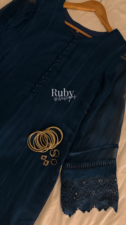 MINHA Teal - 3 Piece Chiffon Suit with Cutwork