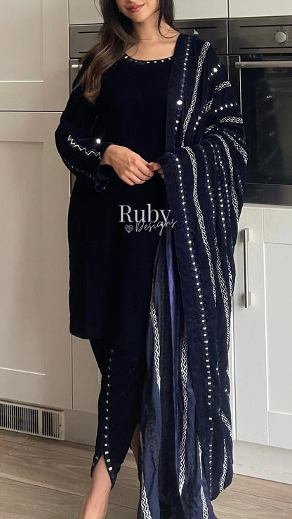 ELMIRA - 3 Piece Luxury Velvet Suit with Heavy Mirror Shawl