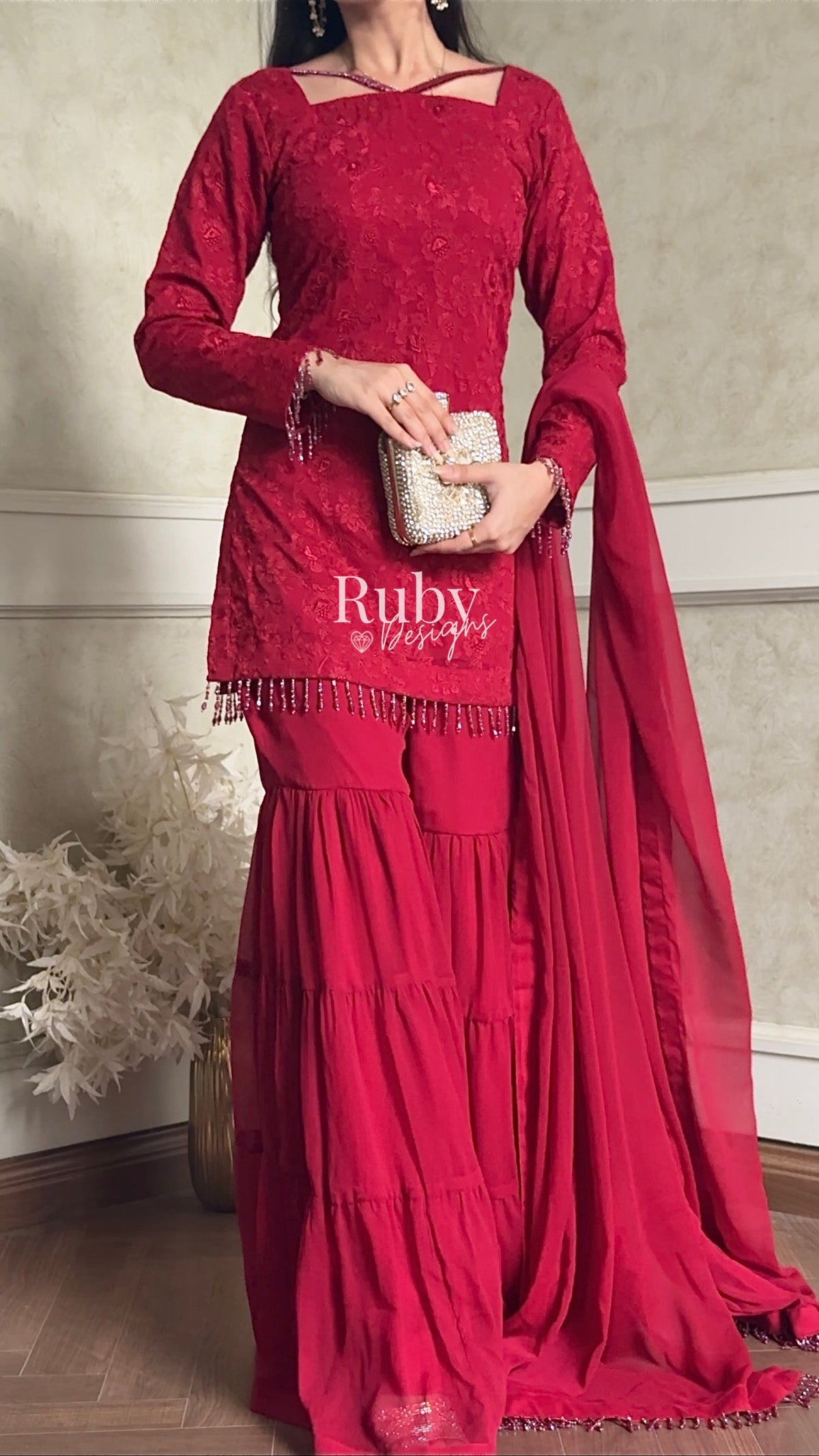 FARYAL Rouge - 3 Piece Chiffon Suit with Tiered Sharara