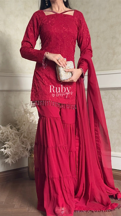 FARYAL Rouge - 3 Piece Chiffon Suit with Tiered Sharara