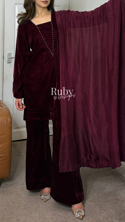 ANUM - 3 Piece Maroon Luxury Velvet Suit with Pearls