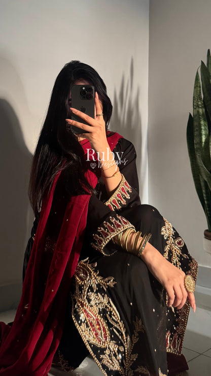 MEHRUNNISA - 3 Piece Black Chiffon Suit with Gold Handwork