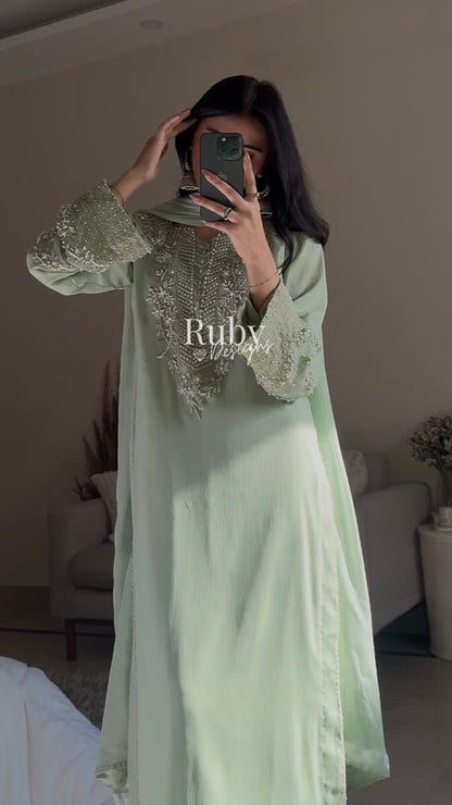 AREEN Mint - 3 Piece Chiffon Suit with Pearl and Stone Handwork