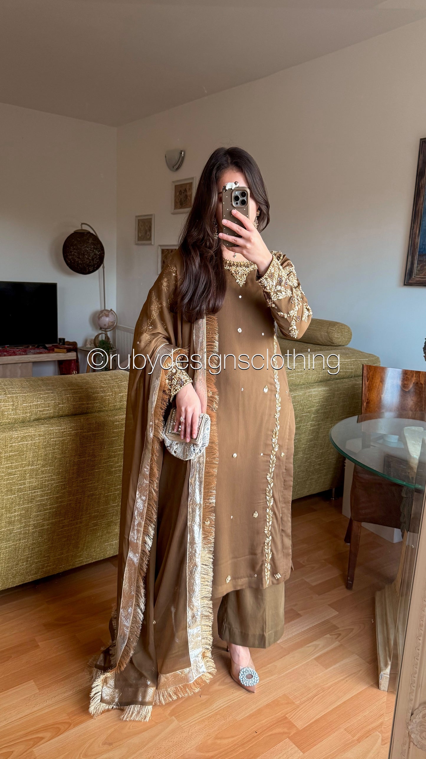 NAYRA Style 2 (Long Shirt) - 3 Piece Khaki Chiffon Suit with Trouser