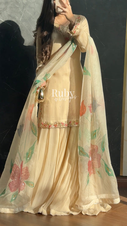 ZAIRA Dune - 3 Piece Chiffon Sharara Suit with Hand Painted Dupatta