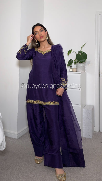 SHAFAQ Midnight - 3 Piece Raw Silk Suit with Farshi Shalwar