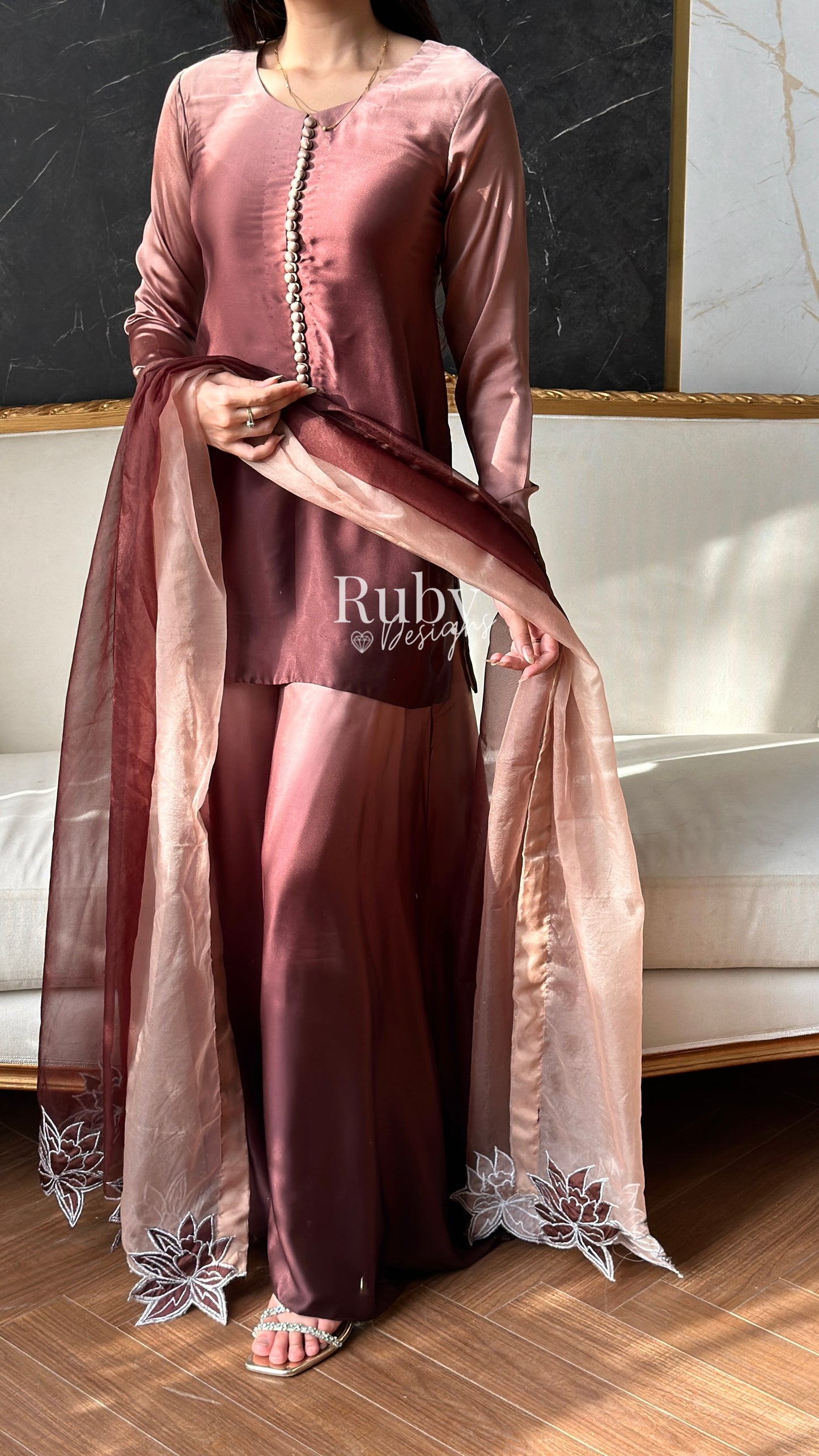FIHA Mocha - 3 Piece Ombrè Silk Suit with Flowy Wide Pants