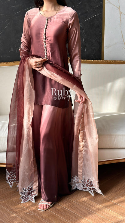 FIHA Mocha - 3 Piece Ombrè Silk Suit with Flowy Wide Pants