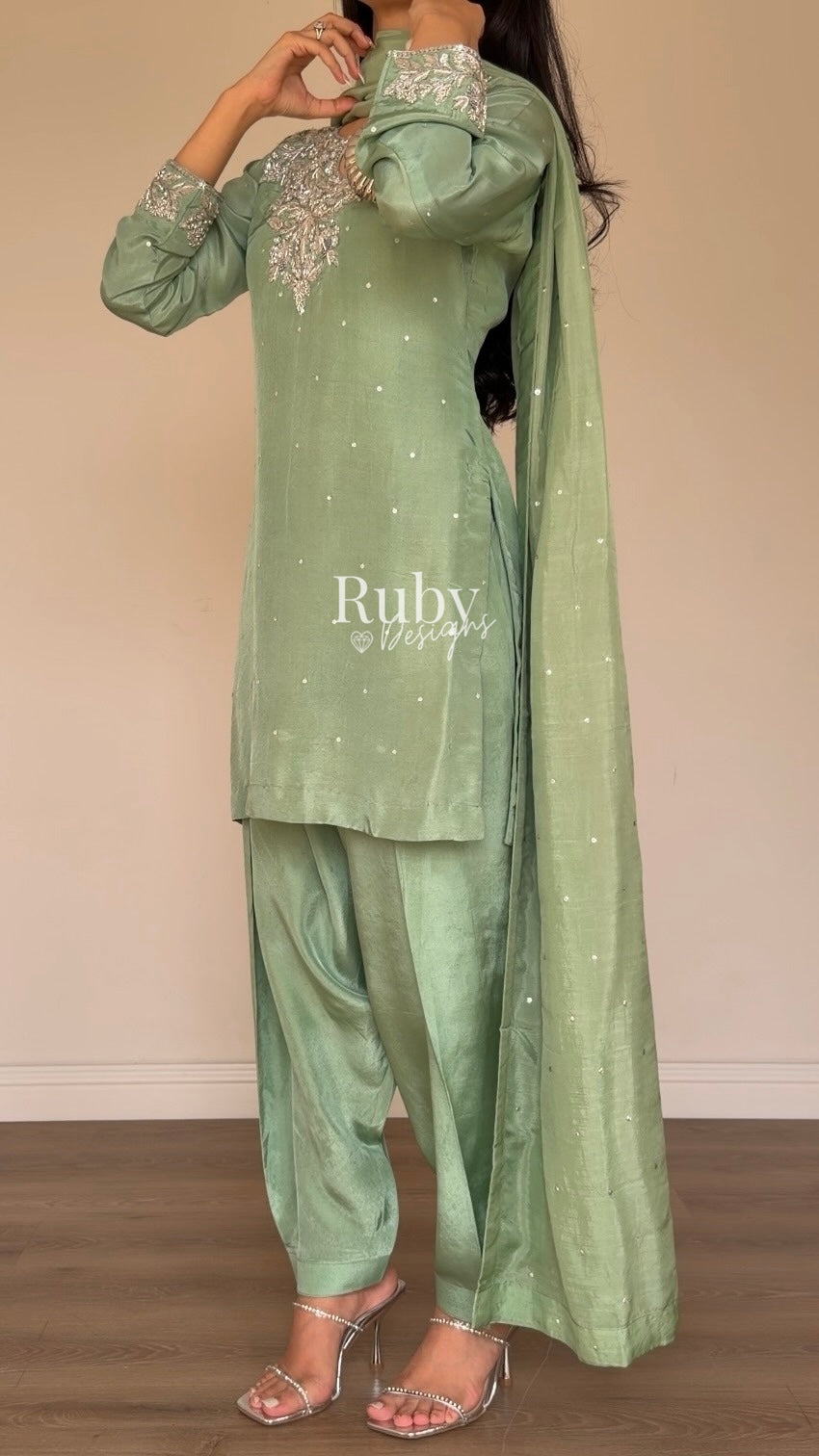 MARWA - 3 Piece Sage Green Silk Suit with Shalwar