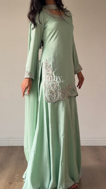 PARISA Sage - 4 Piece Silk Suit with Matching Potli Bag