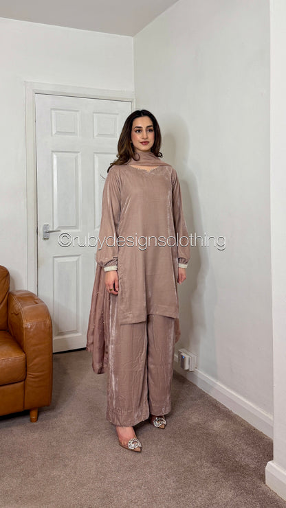 ALIA - 3 Piece Nude Luxury Velvet Suit with Pearls