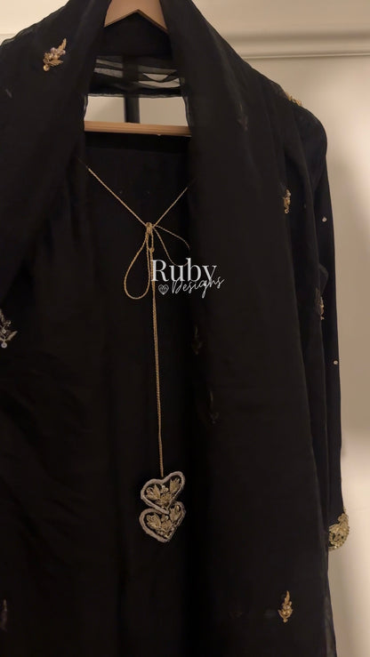 MEHER Noir - 3 Piece Silk Suit with Farshi Shalwar