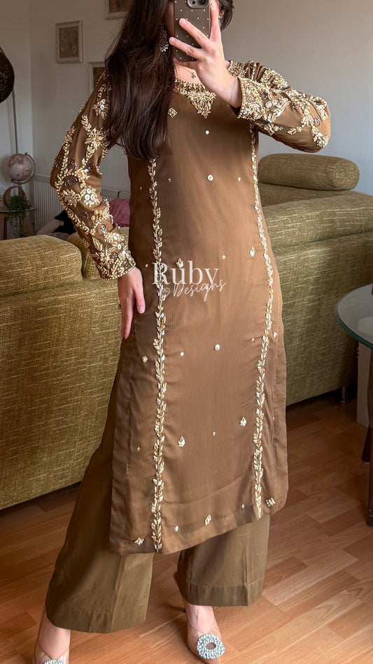 NAYRA Style 2 (Long Shirt) - 3 Piece Khaki Chiffon Suit with Trouser