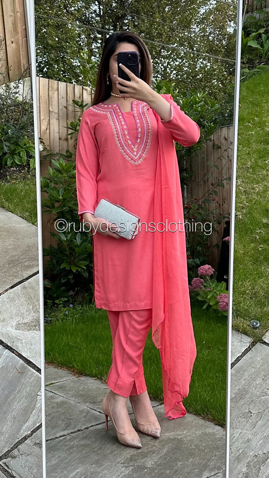 3 Piece Pink Linen Suit with Chiffon Dupatta (8746824401109)