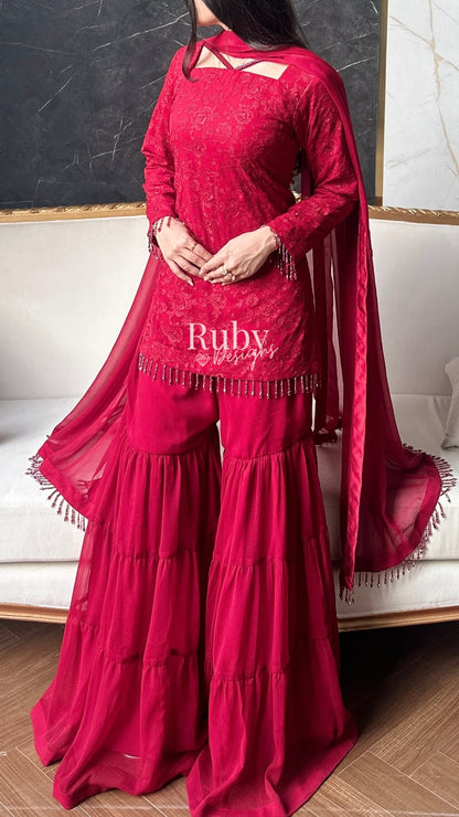 FARYAL Rouge - 3 Piece Chiffon Suit with Tiered Sharara