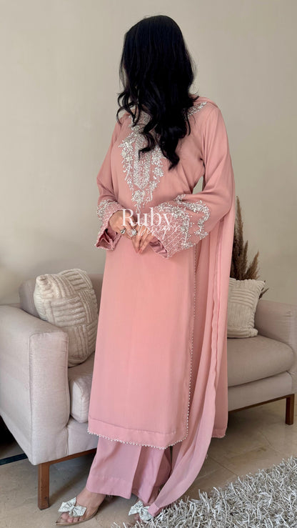 AREEN Blush - 3 Piece Chiffon Suit with Pearl and Stone Handwork