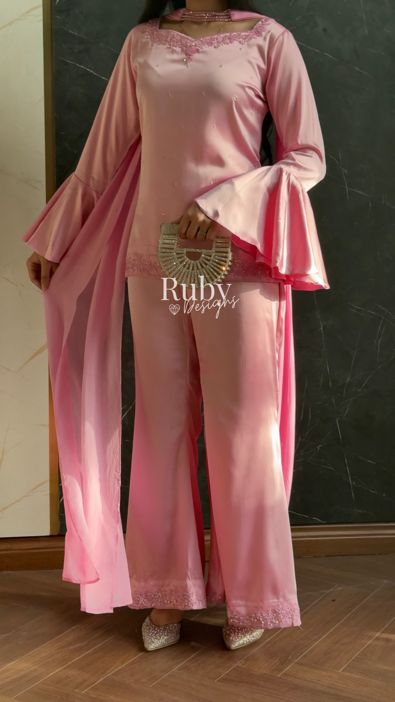 KAREENA Pink - 3 Piece Silk Suit with Crystal Choker Dupatta