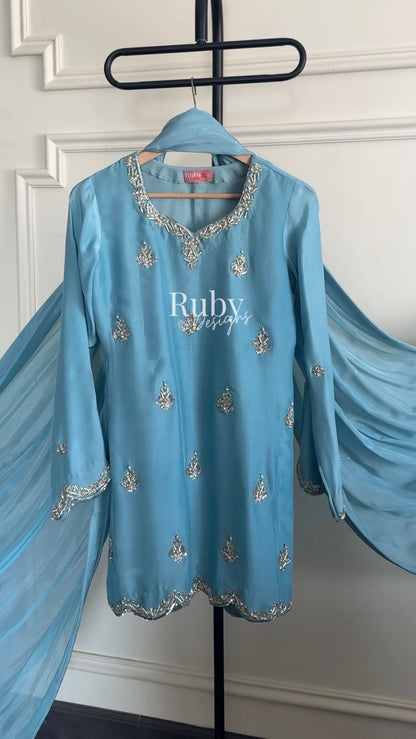ATIFA Sky - 3 Piece Silk Suit with Shalwar