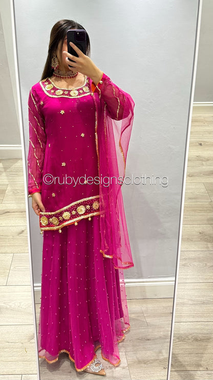 EXCLUSIVE SAMPLE - 3 Piece Hot Pink Chiffon Suit with Gota Work and Net Skirt (8746828628181)