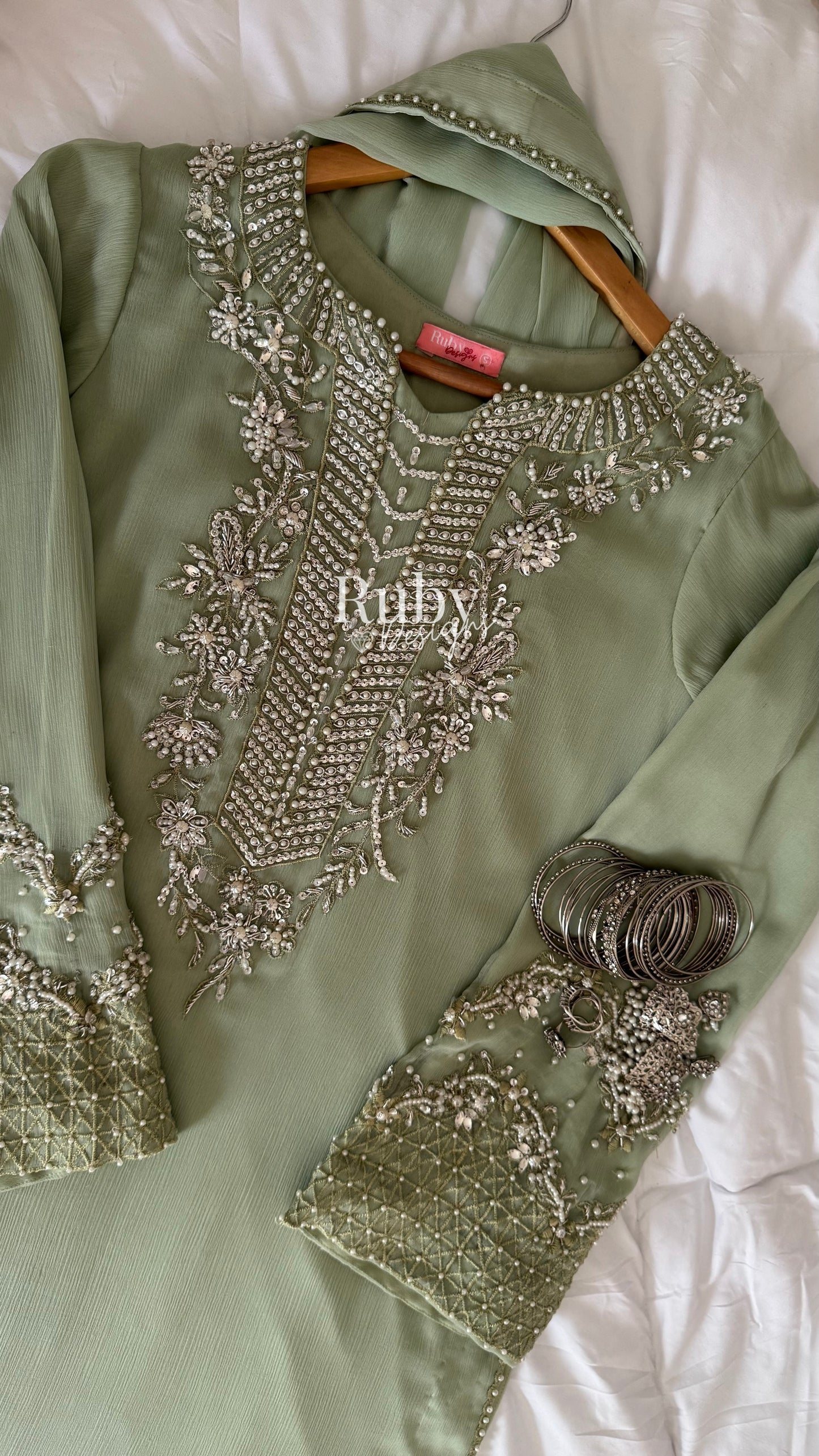 AREEN Mint - 3 Piece Chiffon Suit with Pearl and Stone Handwork