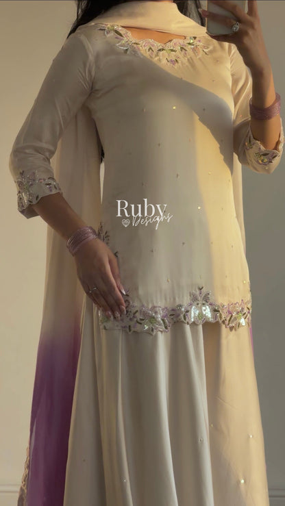 AMEERA - 3 Piece Off-White Silk Suit with Ombrè Dupatta