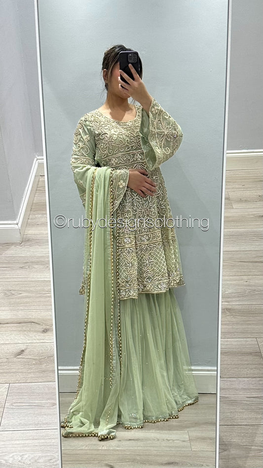 MAHIRAH -  EXCLUSIVE SAMPLE 3 Piece Mint Peplum with Gharara