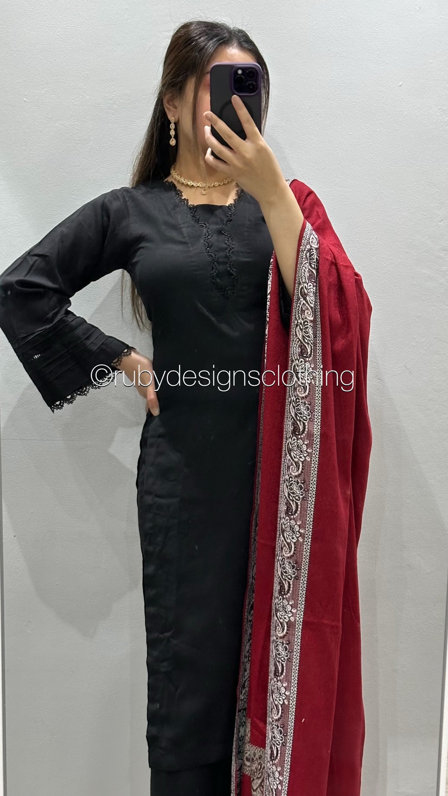 3 Piece Black Linen Suit with Red Shawl (8746844225749)