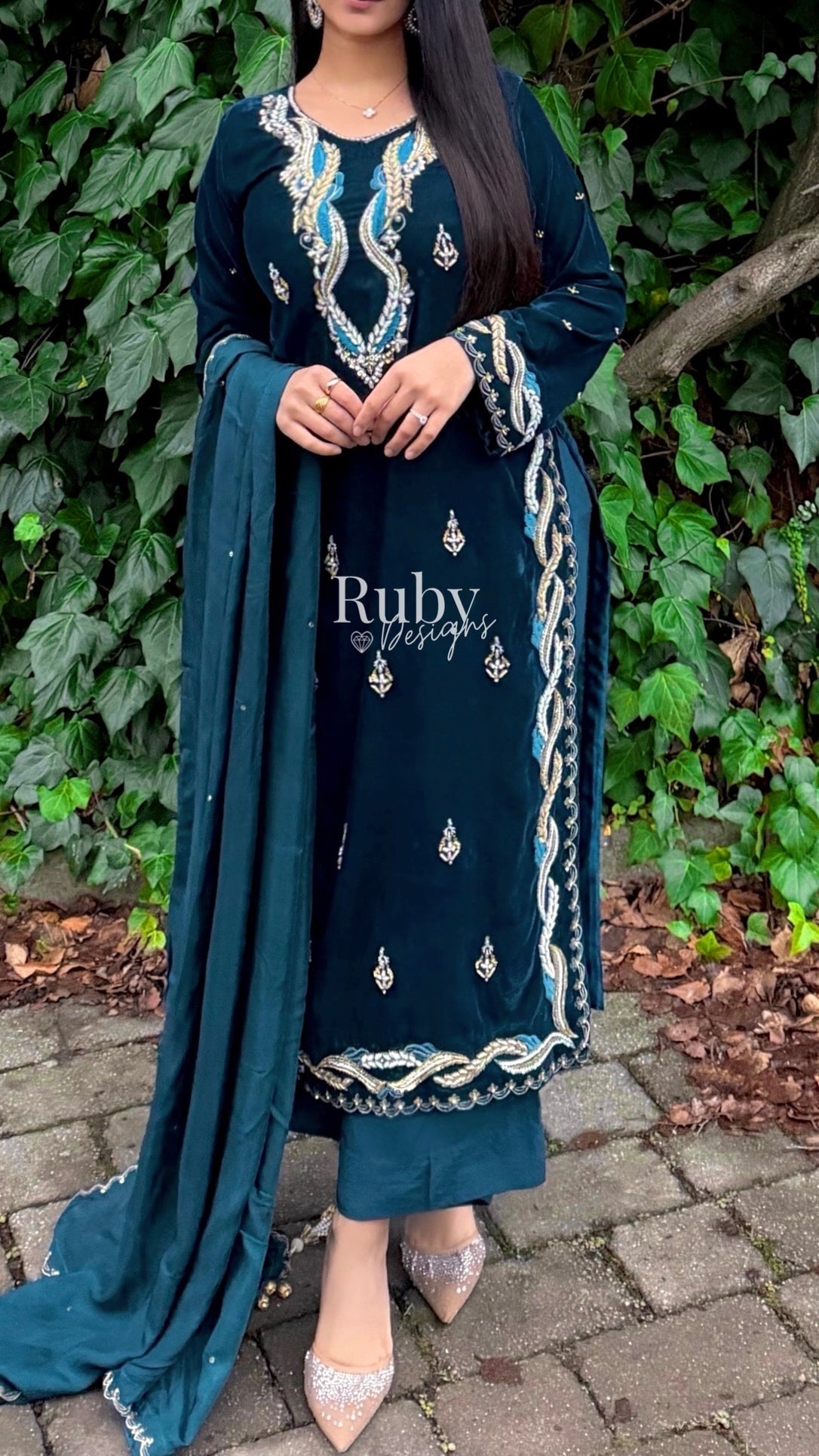 LINA - 3 Piece Teal Luxury Velvet Suit with Gold Handwork