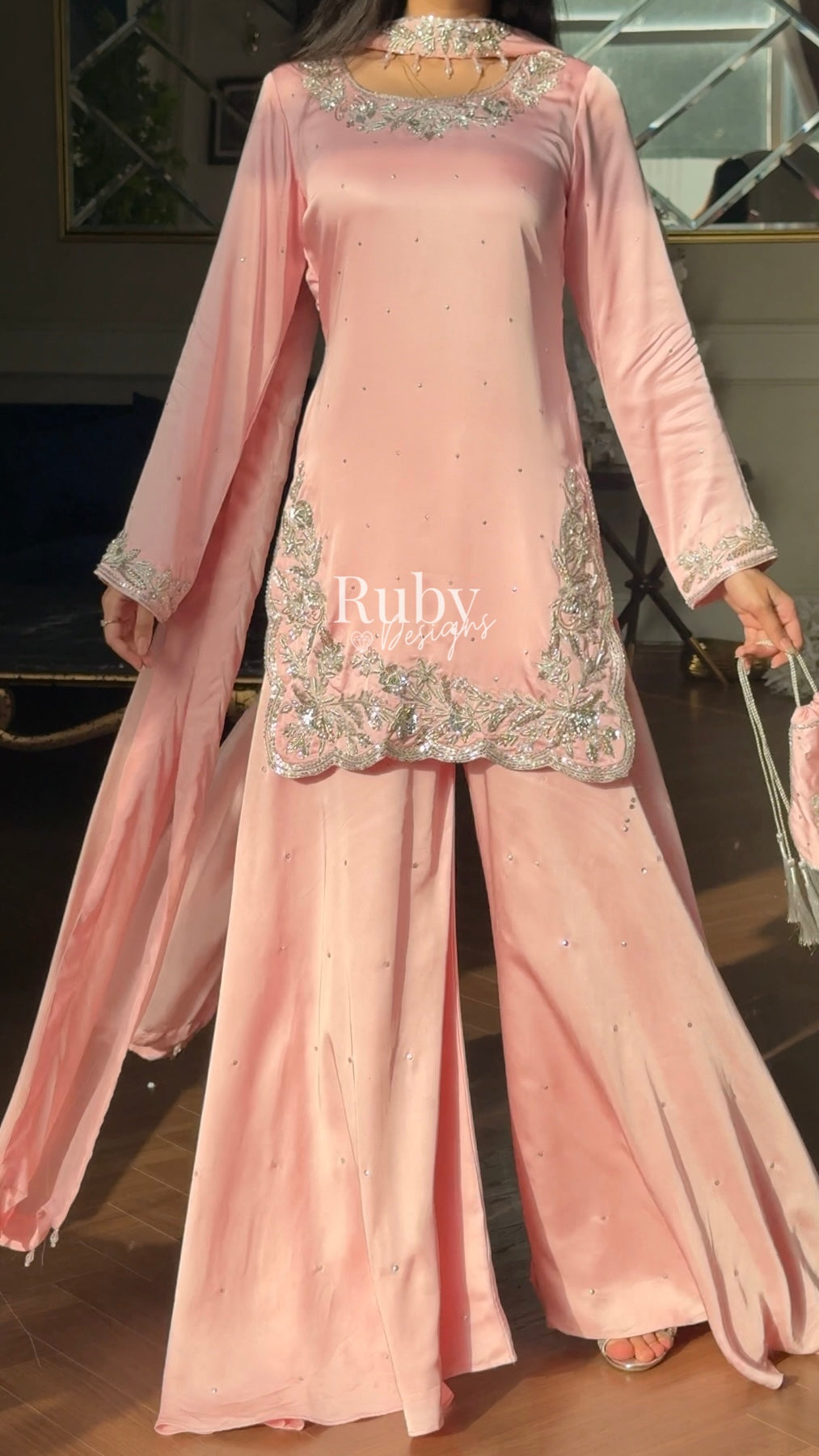 PARISA Rose - 4 Piece Silk Suit with Matching Potli Bag