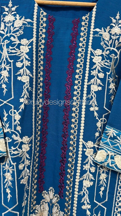 3 Piece Blue Khaddar Suit with Shawl (8747218600149)