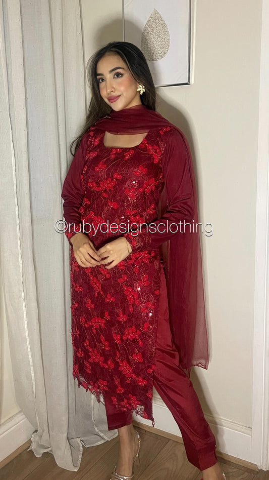 NORA - 3 Piece Red Heavy Embroidered 3D Net Suit