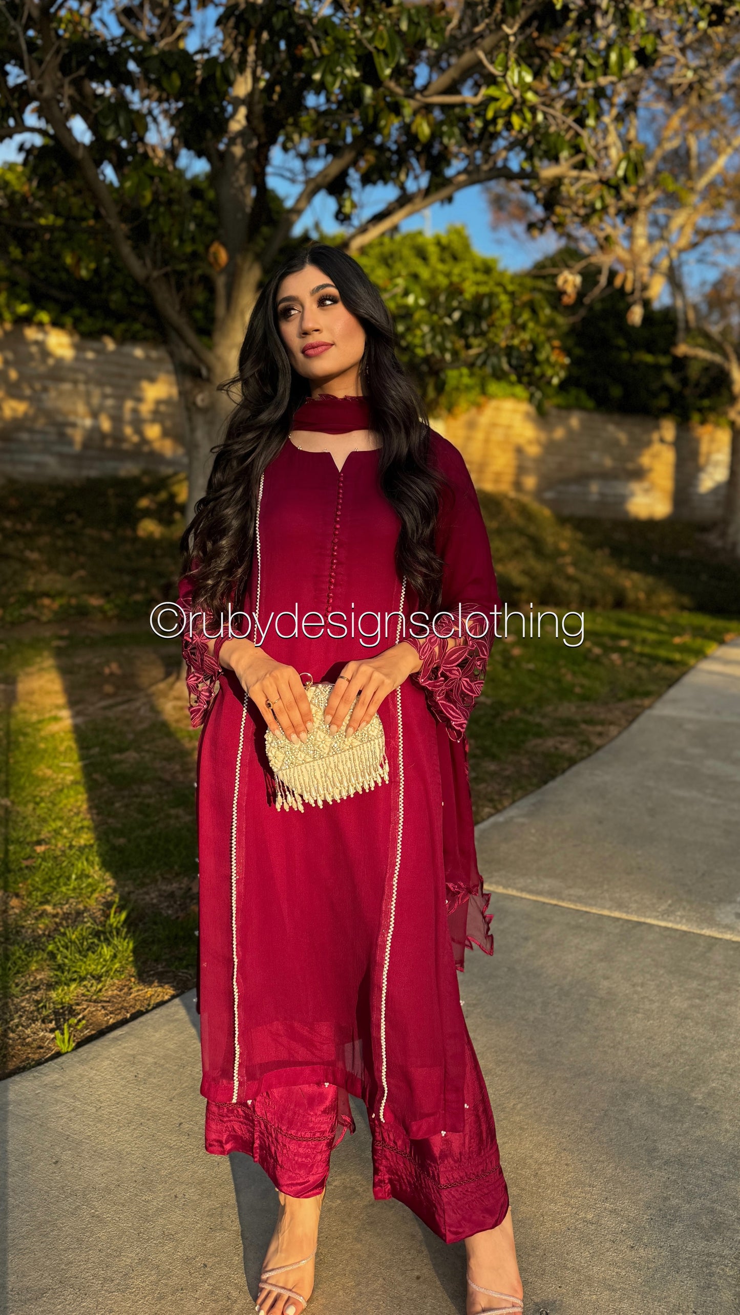 NAILA Berry - 3 Piece Chiffon Suit with Cutwork Detail