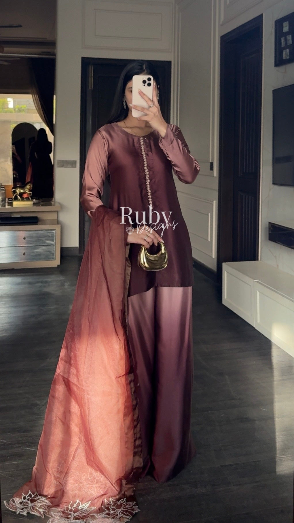 FIHA Mocha - 3 Piece Ombrè Silk Suit with Flowy Wide Pants