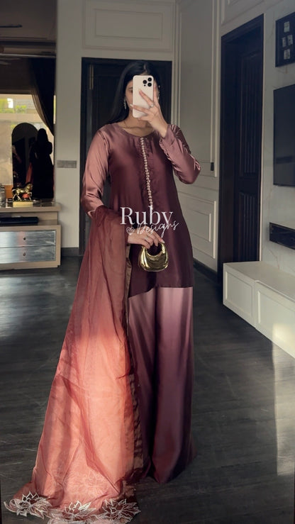 FIHA Mocha - 3 Piece Ombrè Silk Suit with Flowy Wide Pants