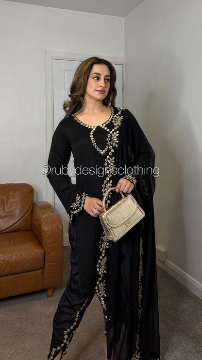 AQSA Noir - 3 Piece Chiffon Suit with Tulip Trouser