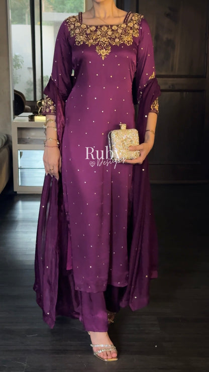 HANIA Plum - 3 Piece Silk Suit with Straight Trouser