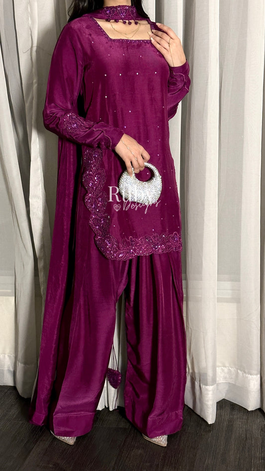 SAHARA - 3 Piece Magenta Luxury Silk Suit with Cutdana Handwork