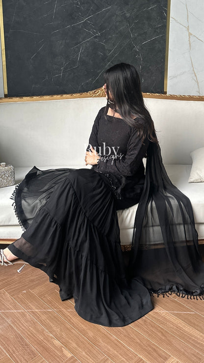 FARYAL Noir - 3 Piece Chiffon Suit with Tiered Sharara