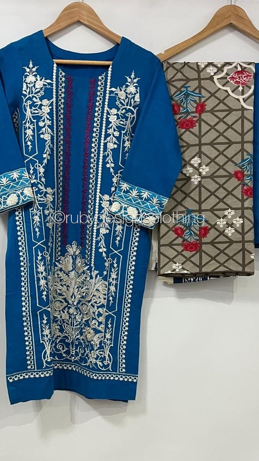 3 Piece Blue Khaddar Suit with Shawl (8747218600149)